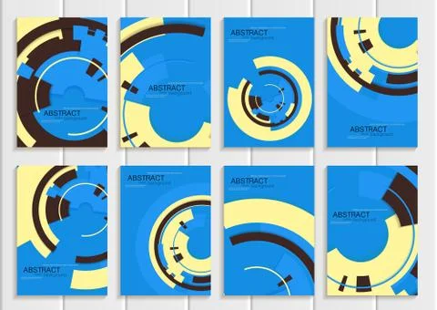 Vector set of brochures in abstract style with yellow shapes on blue background Stock Illustration