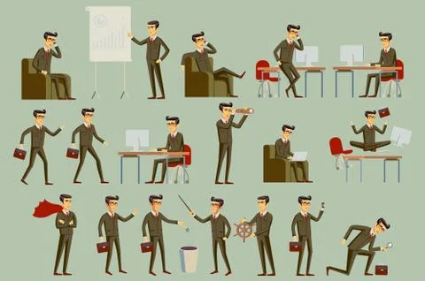 Vector set brown character businessman in gray and brown suit, in different.. Stock Illustration