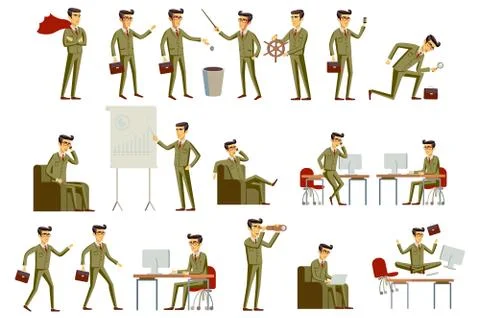 Vector set brown character businessman in gray and brown suit, in different.. Stock Illustration