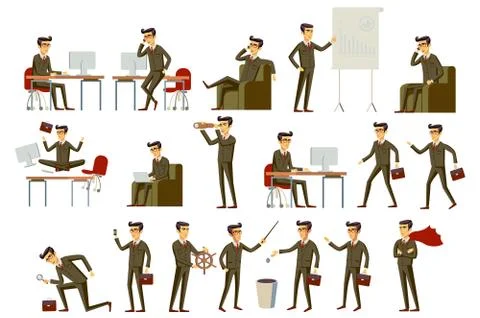 Vector set brown character businessman in gray and brown suit, in different.. Stock Illustration