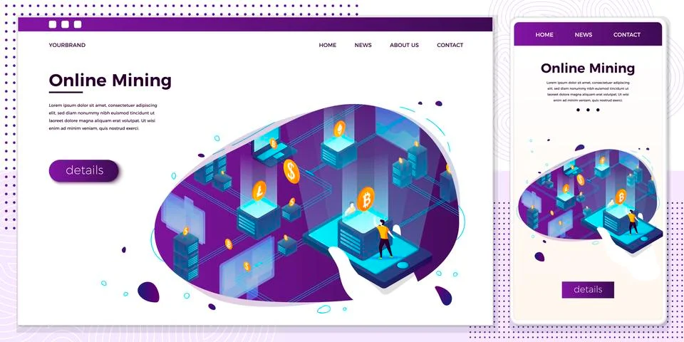 Vector set, browser and mobile phone - cryptocurrency mining farm process, mans Stock Illustration