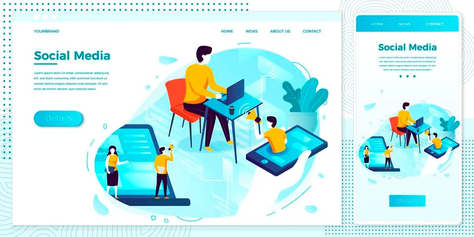 Vector set, browser and mobile phone - social network advertisement work process Stock Illustration