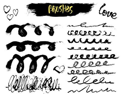Vector Set of brush acrylic strokes, blot, wave, letter, splashes. Black color Stock Illustration
