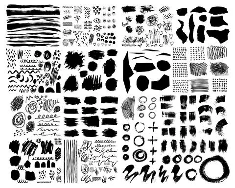 Vector Set of brush acrylic strokes. Black color on white background. Hand Stock Illustration