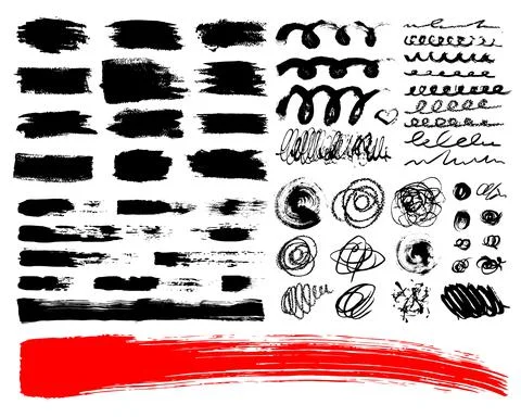 Vector Set of brush acrylic strokes. Black red color on white background. Hand Stock Illustration