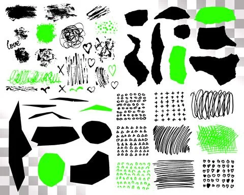 Vector Set of brush acrylic strokes. Black green color on white background. Hand Stock Illustration