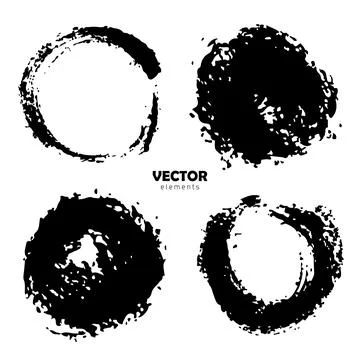 Vector Set of brush Circle Round Black color on white background. Hand painted Stock Illustration