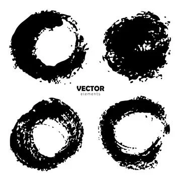 Vector Set of brush Circle Round Black color on white background. Hand painted Illustrazione stock