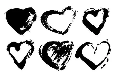 Vector Set of Brush Heart Love Black color on white background. Hand painted Stock Illustration