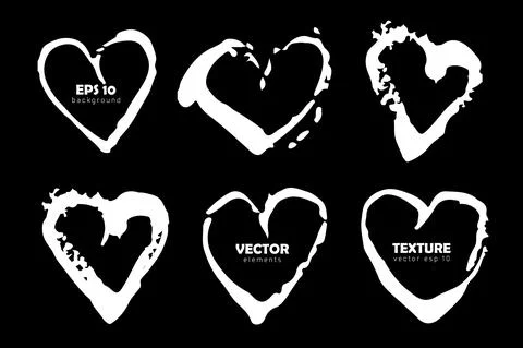 Vector Set of brush Heart Love strokes White color isolated on Black background Stock Illustration