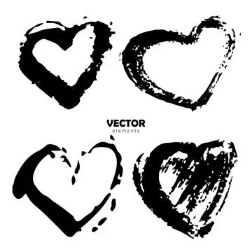 Vector Set of Brush Heart Love Black color on white background. Hand painted Stock Illustration