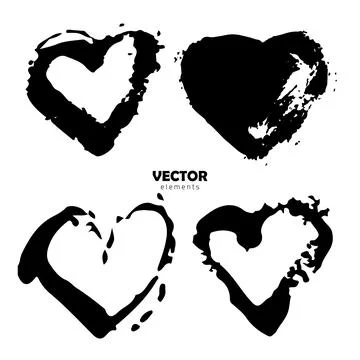 Vector Set of Brush Heart Love Black color on white background. Hand painted Illustrazione stock
