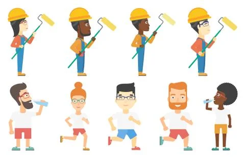 Vector set of builders and sportsmen characters. Stock Illustration
