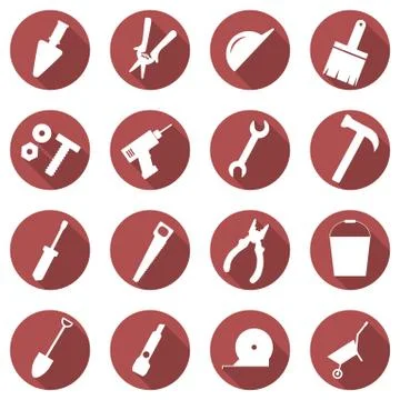 Vector set of building concept icons. Flat images of tools. Badges in the red Ilustración de archivo