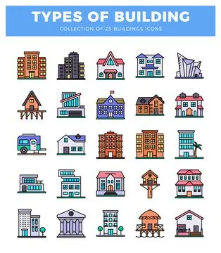 Vector set of building icons with colorful outlines on white background. Ilustración de archivo