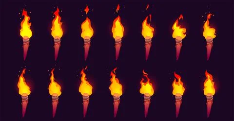 Vector set of burning fire on old wooden torch Stock Illustration