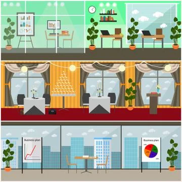 Vector set of business interior posters, banners in flat style Stock Illustration