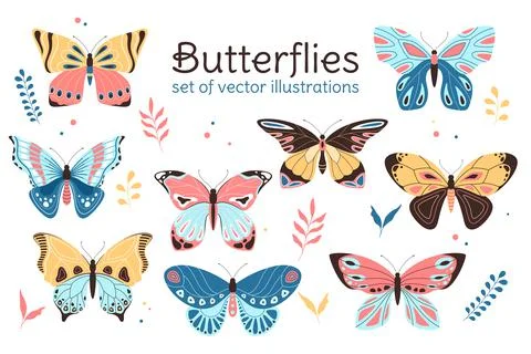 Vector Set Of Butterly Illustrations, Flat Decorative Children Style Stock Illustration