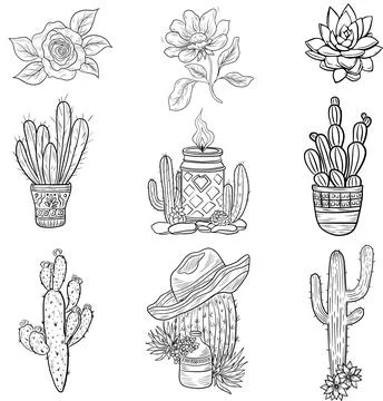 Vector set of cacti. Hand drawn Cinco de Mayo illustration. Halloween outlines. Stock Illustration