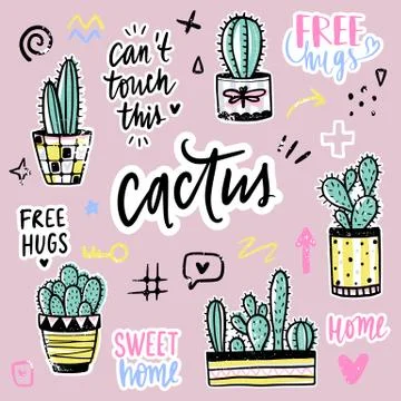 Vector set with cactuses, positive phrases, elements. イラスト素材