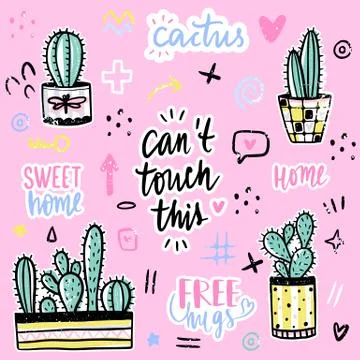 Vector set with cactuses, positive phrases, elements. イラスト素材