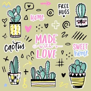Vector set with cactuses, positive phrases, elements. Cute vector cactus. Illustrazione stock