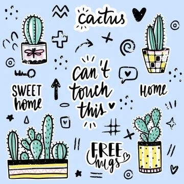 Vector set with cactuses, positive phrases, elements. イラスト素材