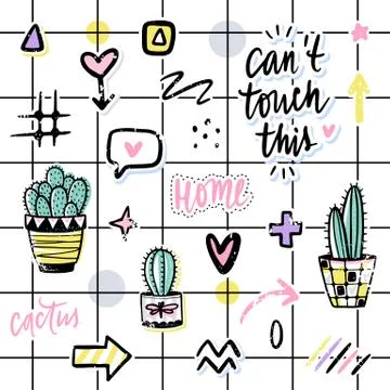 Vector set with cactuses, positive phrases, elements. イラスト素材