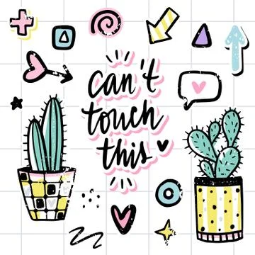 Vector set with cactuses, positive phrases, elements. イラスト素材