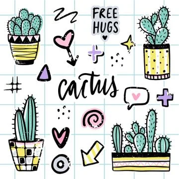 Vector set with cactuses, positive phrases, elements. イラスト素材