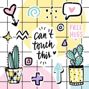 Vector set with cactuses, positive phrases, elements. イラスト素材