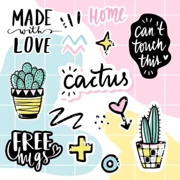Vector set with cactuses, positive phrases, elements. イラスト素材