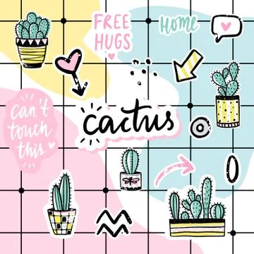 Vector set with cactuses, positive phrases, elements. イラスト素材