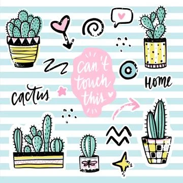 Vector set with cactuses, positive phrases, elements. Cute vector cactus. イラスト素材