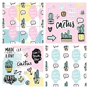 Vector set with cactuses, positive phrases, elements. イラスト素材