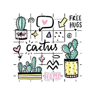 Vector set with cactuses, positive phrases, elements. イラスト素材