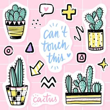 Vector set with cactuses, positive phrases, elements. Cute vector cactus 스톡 일러스트