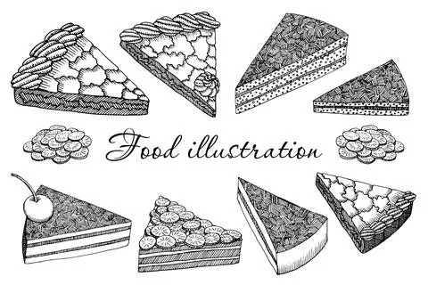 Vector set of cake pieces, food, cheesecake.  Illustrazione stock