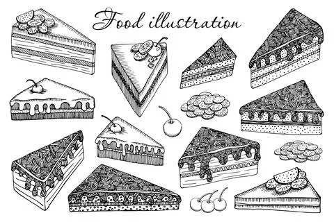 Vector set of cake pieces, food, cheesecake. Vector illustration of sweets Illustrazione stock