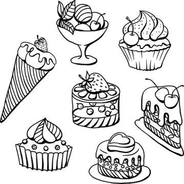 Vector set of cakes in black. Hand drawn illustration Illustrazione stock