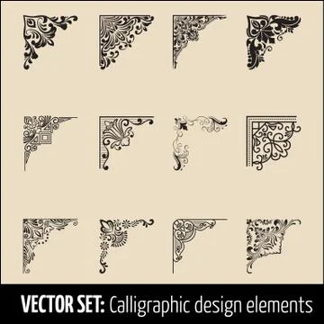 Vector set of calligraphic and page decoration corner design elements. Elegan 스톡 일러스트