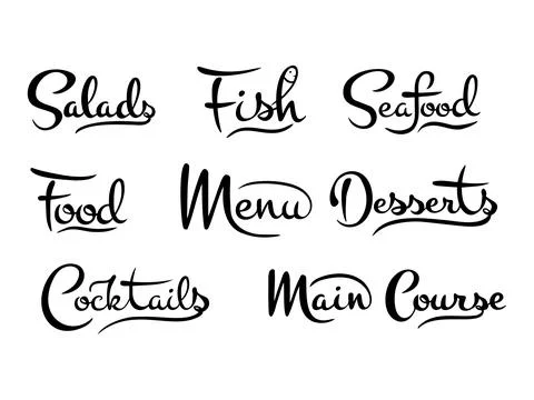 Vector set of calligraphic handwritten inscriptions on the theme of the food  Stock Illustration
