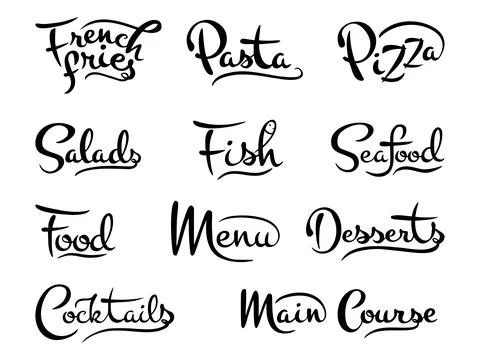 Vector set of calligraphic handwritten inscriptions on the theme of the food  Stock Illustration