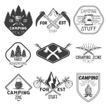 Vector set of camping labels in vintage style. Design elements, icons. Camp Illustrazione stock