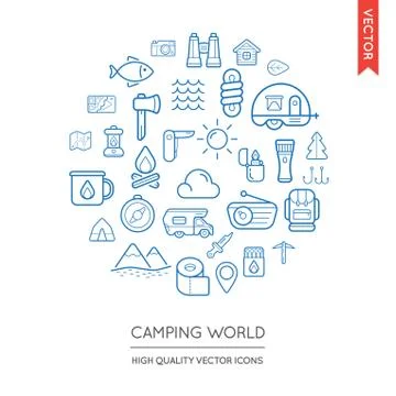 Vector Set of Camping Modern Flat Thin Icons Inscribed in Round Shape Stock Illustration