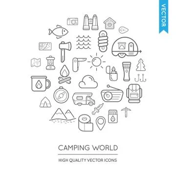 Vector Set of Camping Modern Flat Thin Icons Inscribed in Round Shape Stock Illustration