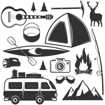 Vector set of camping objects isolated on white background. Travel icons and Stock Illustration