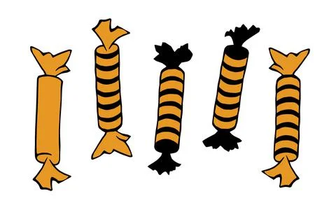 Vector Set of candy in different wrappers in Halloween style. Long striped lo Stock Illustration