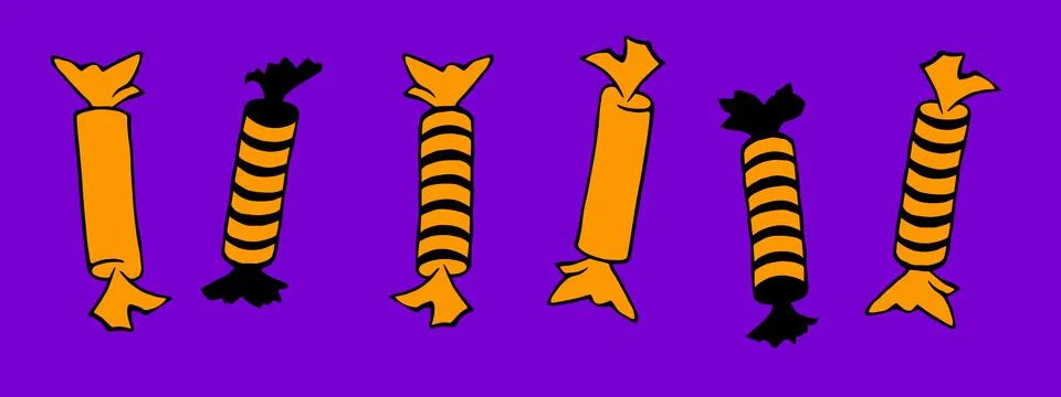 Vector Set of candy in different wrappers in Halloween style. Long striped lo Stock Illustration