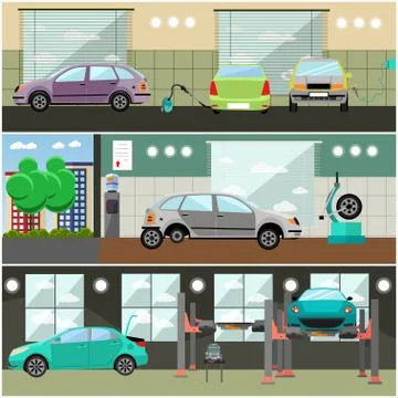 Vector set of car service station, repair shop interior banners Illustrazione stock